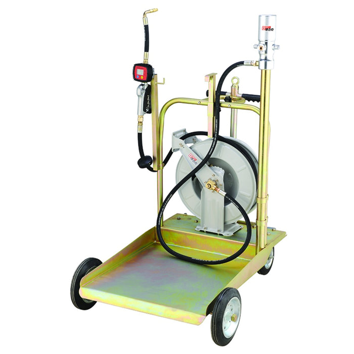 Workshop Drum Pump, Heavy Duty Trolley and digital oil gun - 10m hose reel, 1/2" 2m hose oil hose, Drums 180-220kgs, Pump 3:1